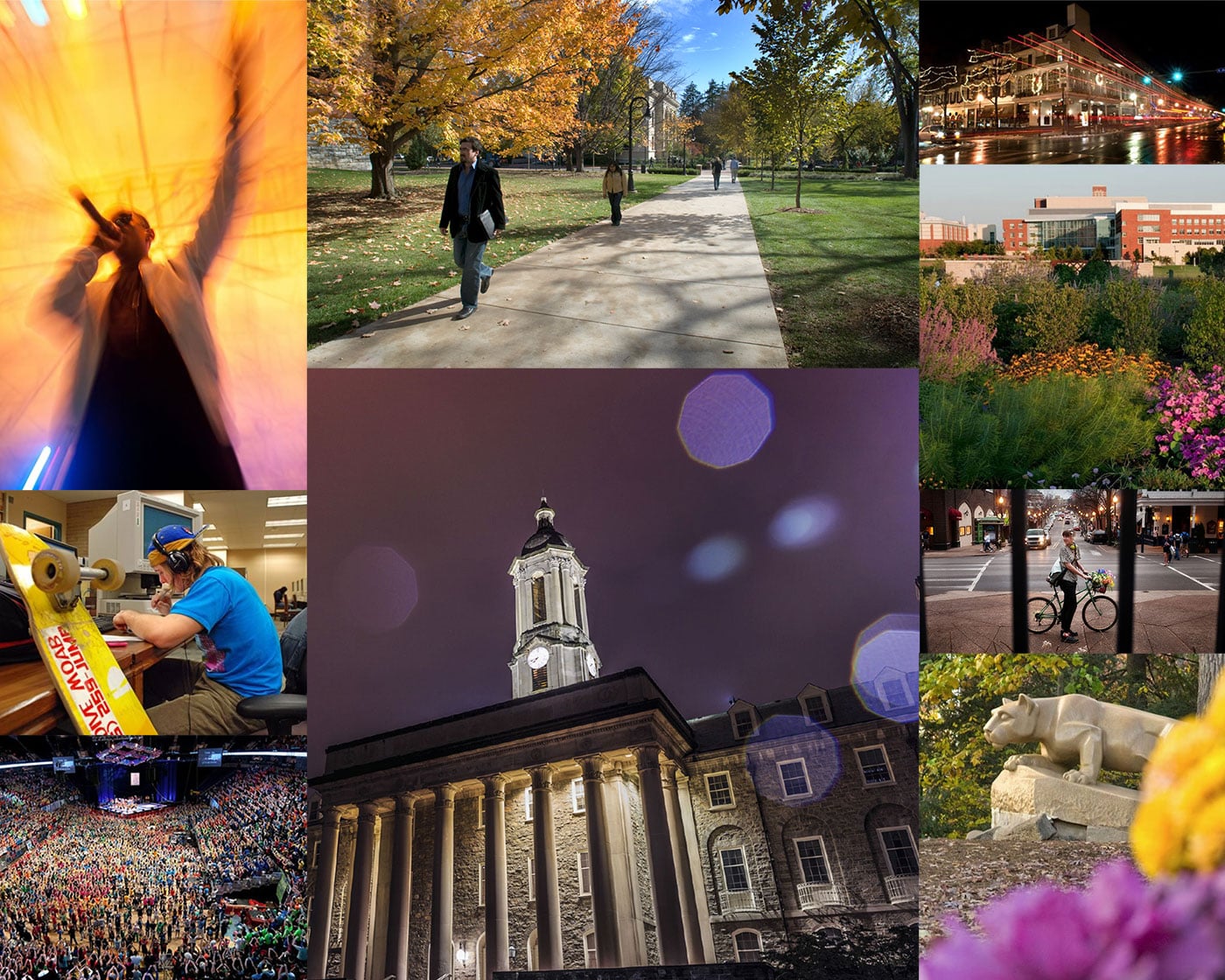 A collage of photographs that shows the beauty and energy on the University Park Campus and Downtown State College