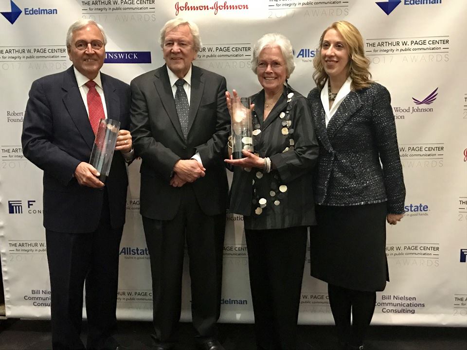 (From left to right) Honoree Dick Martin, Page Center advisory board chair Bill Nielsen, honoree Ann Barkelew and Page Center director Denise Bortree.