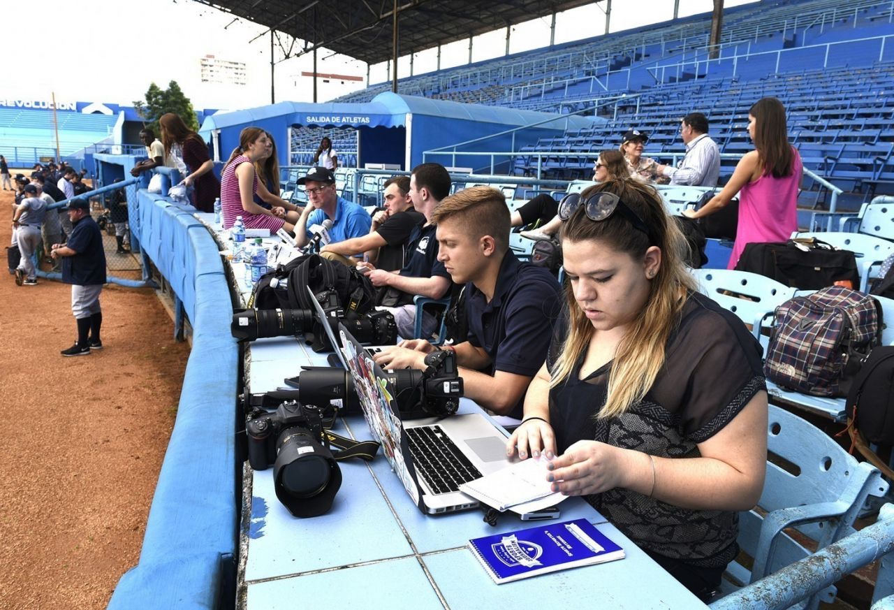 Curley Center students in a press box in Cuba