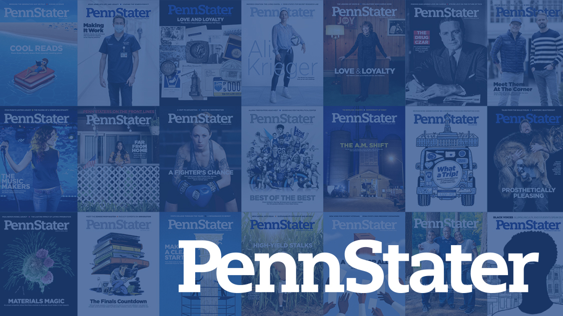 Penn Stater magazine logo with a bunch of archival magazine covers in the background