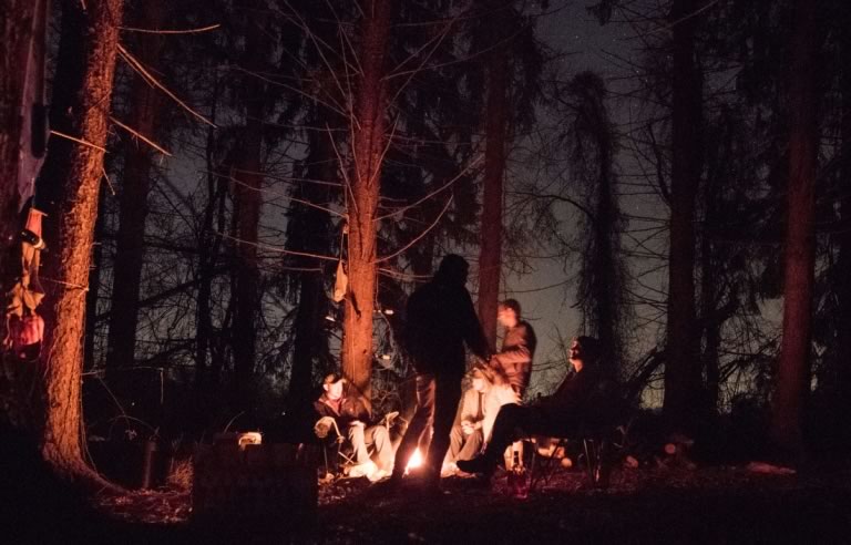 Silhouettes of a group of friends hanging out in a stand of trees around a campfire.