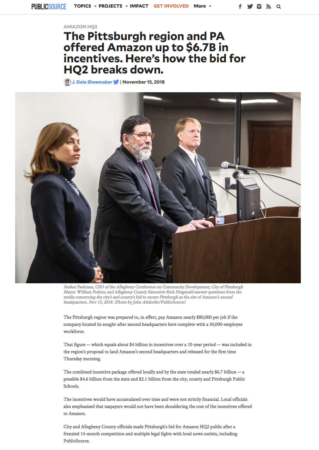 Screenshot of a PublicCourse website story on a bid from Pittsburgh and Pennsylvania to incentivize locating Amazon HQ2 in Pittsburgh.
